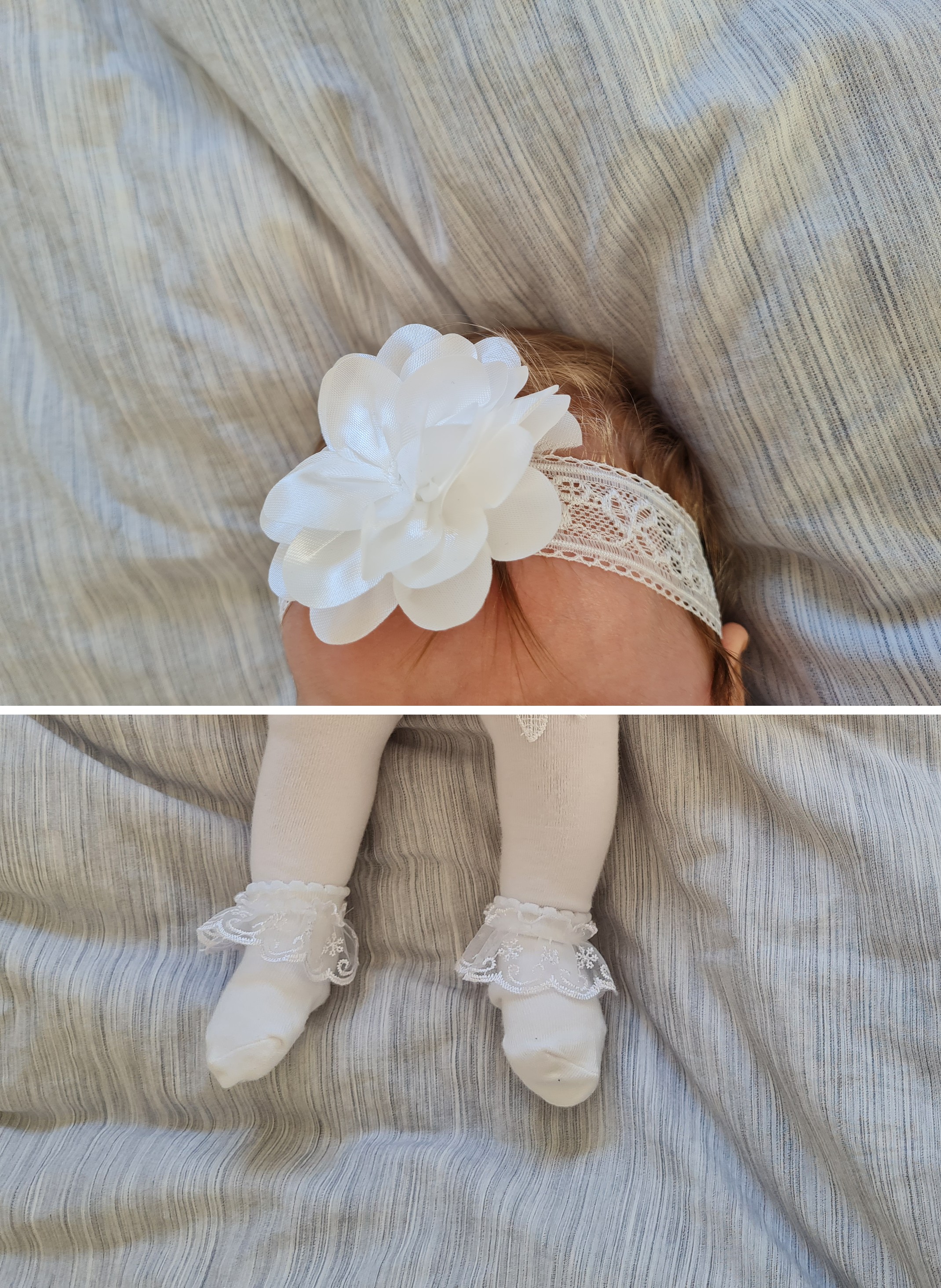Taufe Mädchen Accessoires: Haarschmuck mit weißer Blüte und Spitzenband, weiße Spitzen-Söckchen